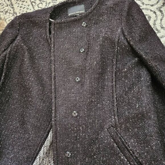 Banana Republic Tweed Collarless Mid-Length Jacket in Black Size Medium - Picture 6 of 6